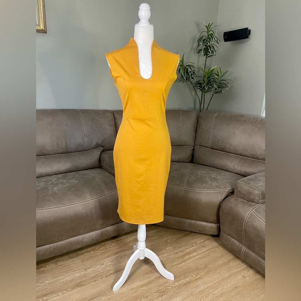 NWT Rolla Coster Mustard Yellow Bodycon Midi Dress Sz L Spring Summer Easter - Picture 2 of 9